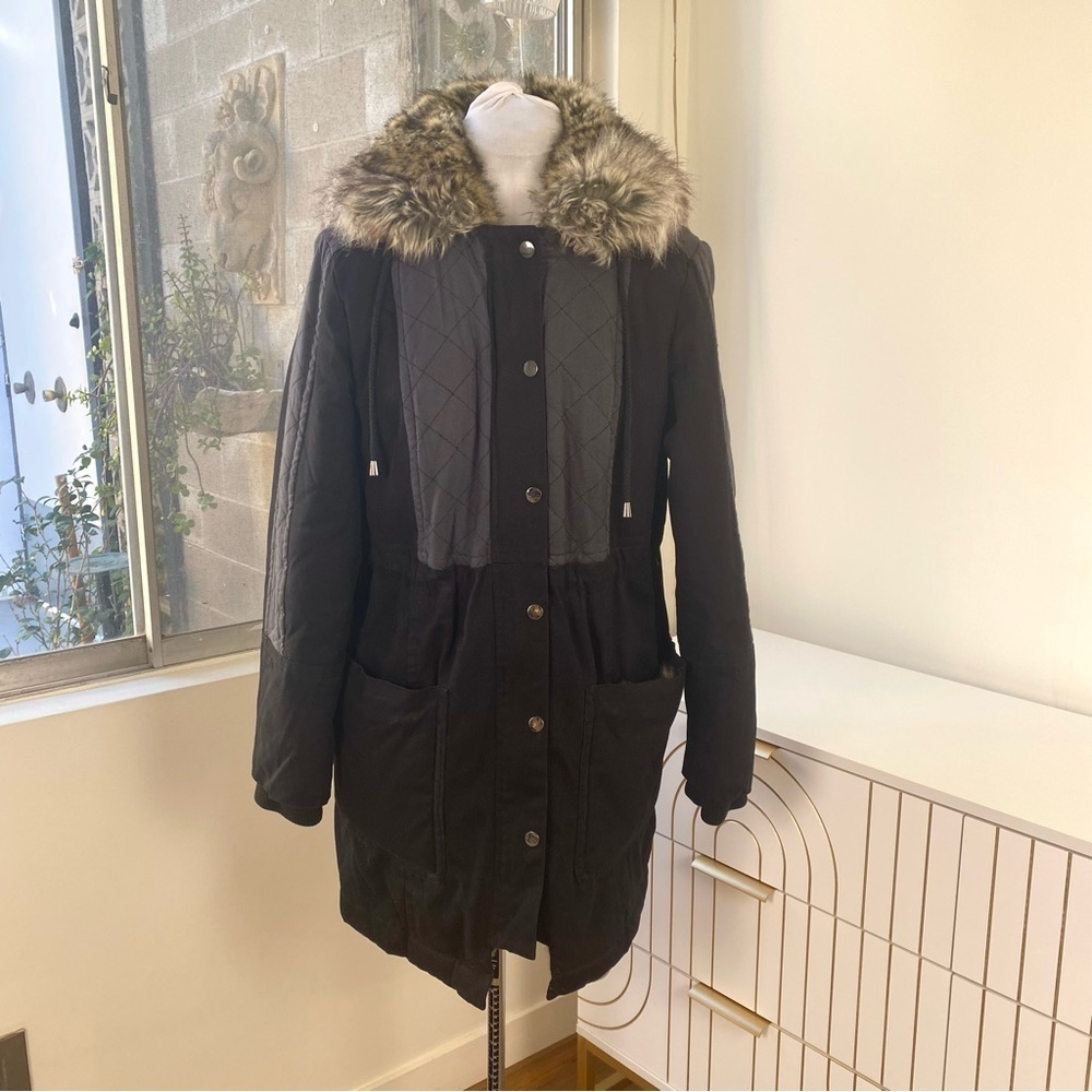 French Connection FC Jeans Faux-Fur Hood Quilted Parka Coat Black/Charcoal, US 6
